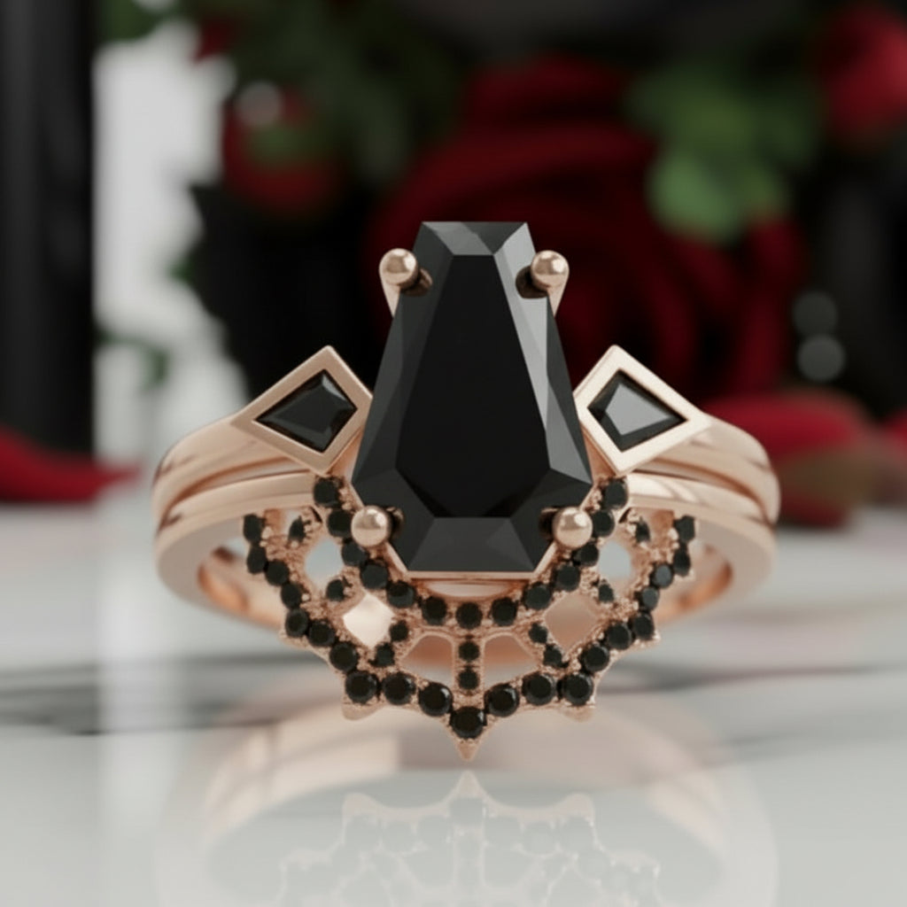 LOVE SPELL- Coffin Cut Diamond Option Spider Web Gothic Wedding Ring Set-Black Diamonds New York