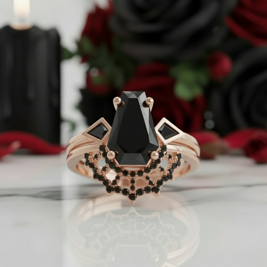 LOVE SPELL- Coffin Cut Diamond Spider Web Gothic Wedding Ring Set-Black Diamonds New York