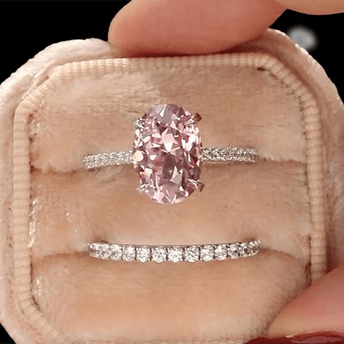 Lovely Oval Cut Pink Sapphire Wedding Ring Set-Black Diamonds New York