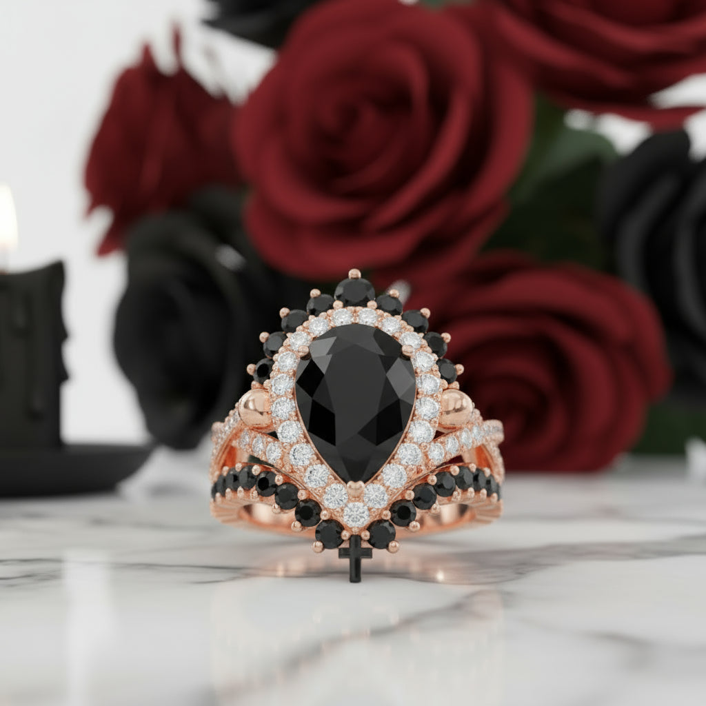 1ct Pear Cut Black Diamond Skull Ring Set-Black Diamonds New York