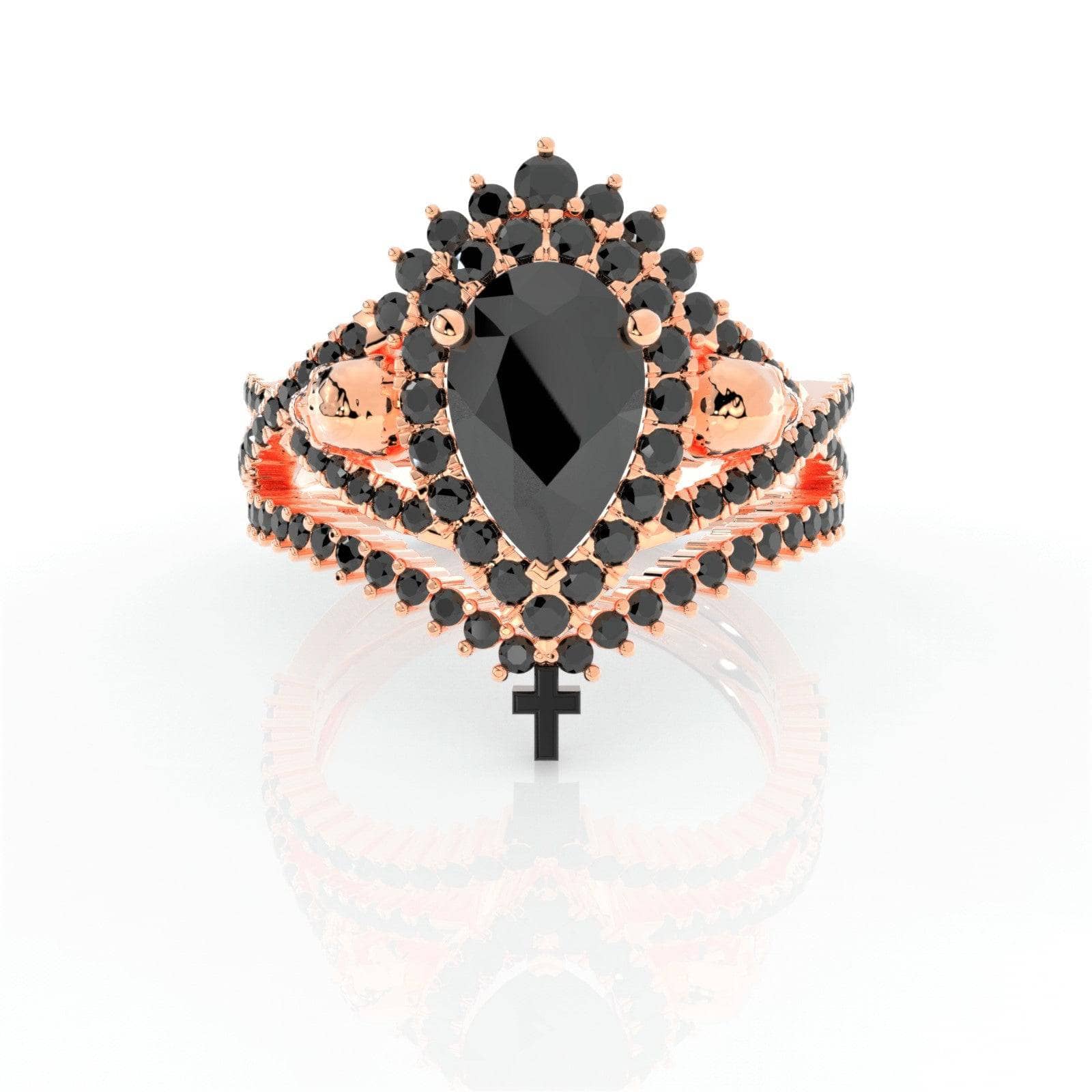 Loyalty Ring- 1ct Pear Cut Black Moissanite Skull Ring Set-Black Diamonds New York