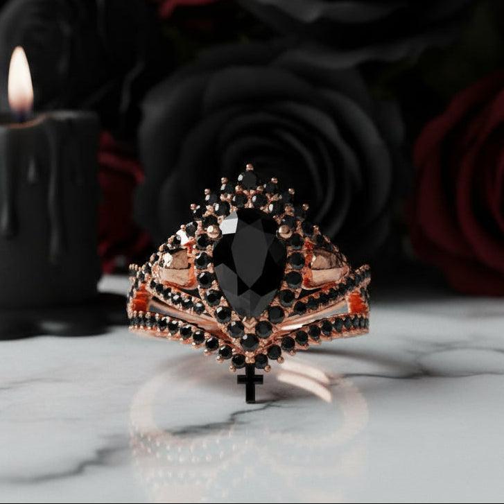 1ct Pear Cut Black Diamond Skull Ring Set-Black Diamonds New York