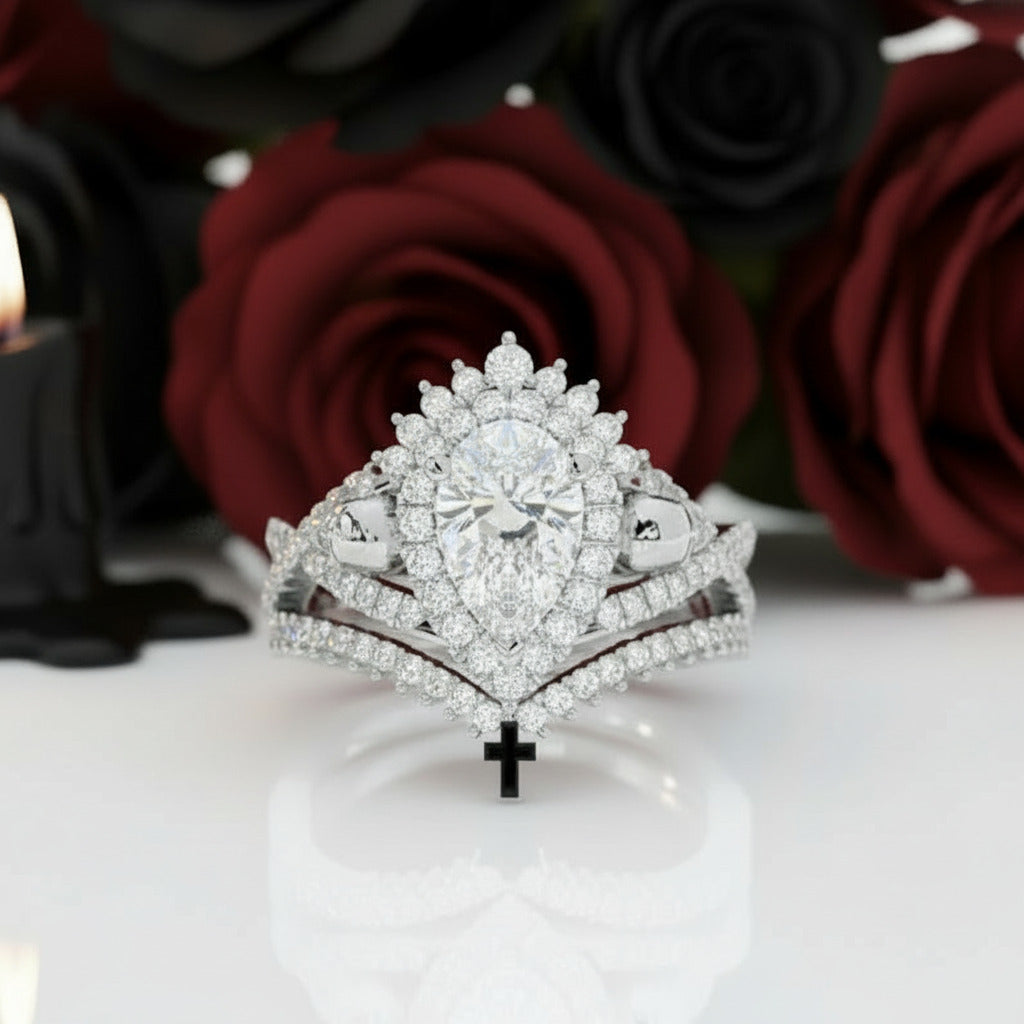 1ct Pear Cut Black Diamond Skull Ring Set-Black Diamonds New York