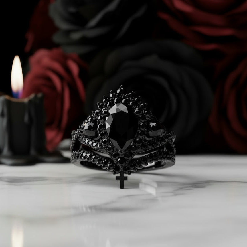 1ct Pear Cut Black Diamond Skull Ring Set-Black Diamonds New York