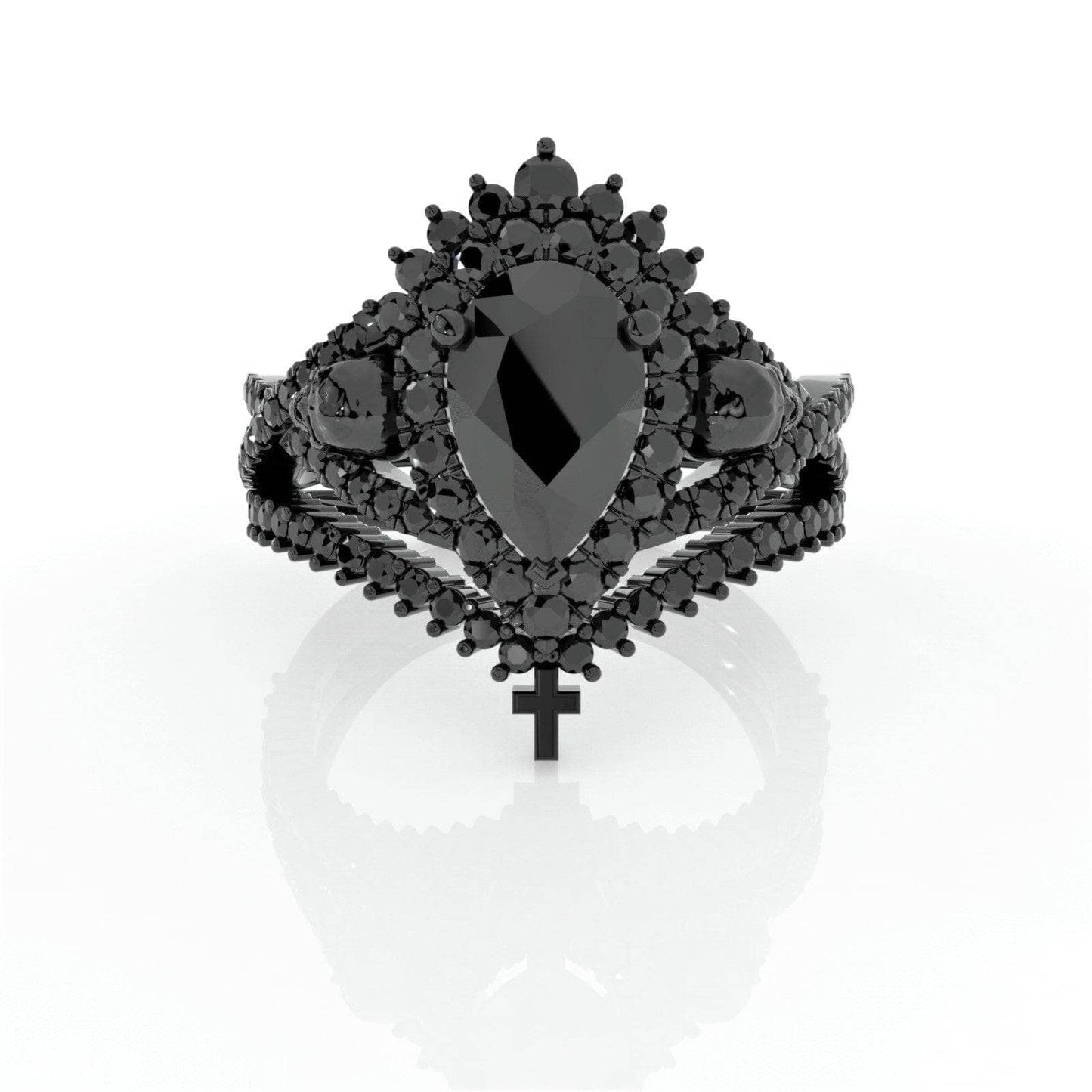 Loyalty Ring- 1ct Pear Cut Black Moissanite Skull Ring Set - Black Diamonds New York