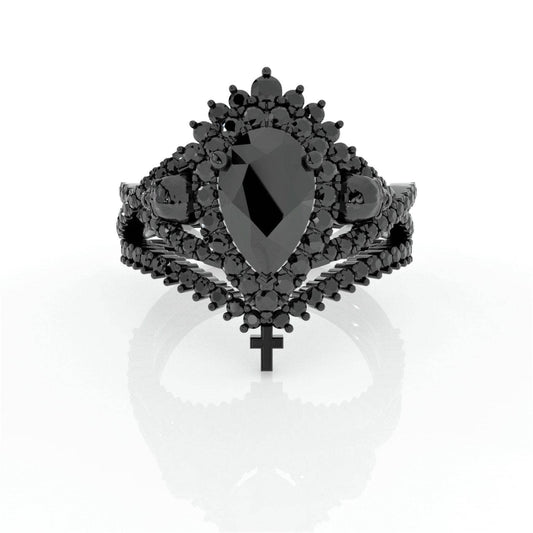 Loyalty Ring- 1ct Pear Cut Black Diamond Skull Ring Set-Black Diamonds New York