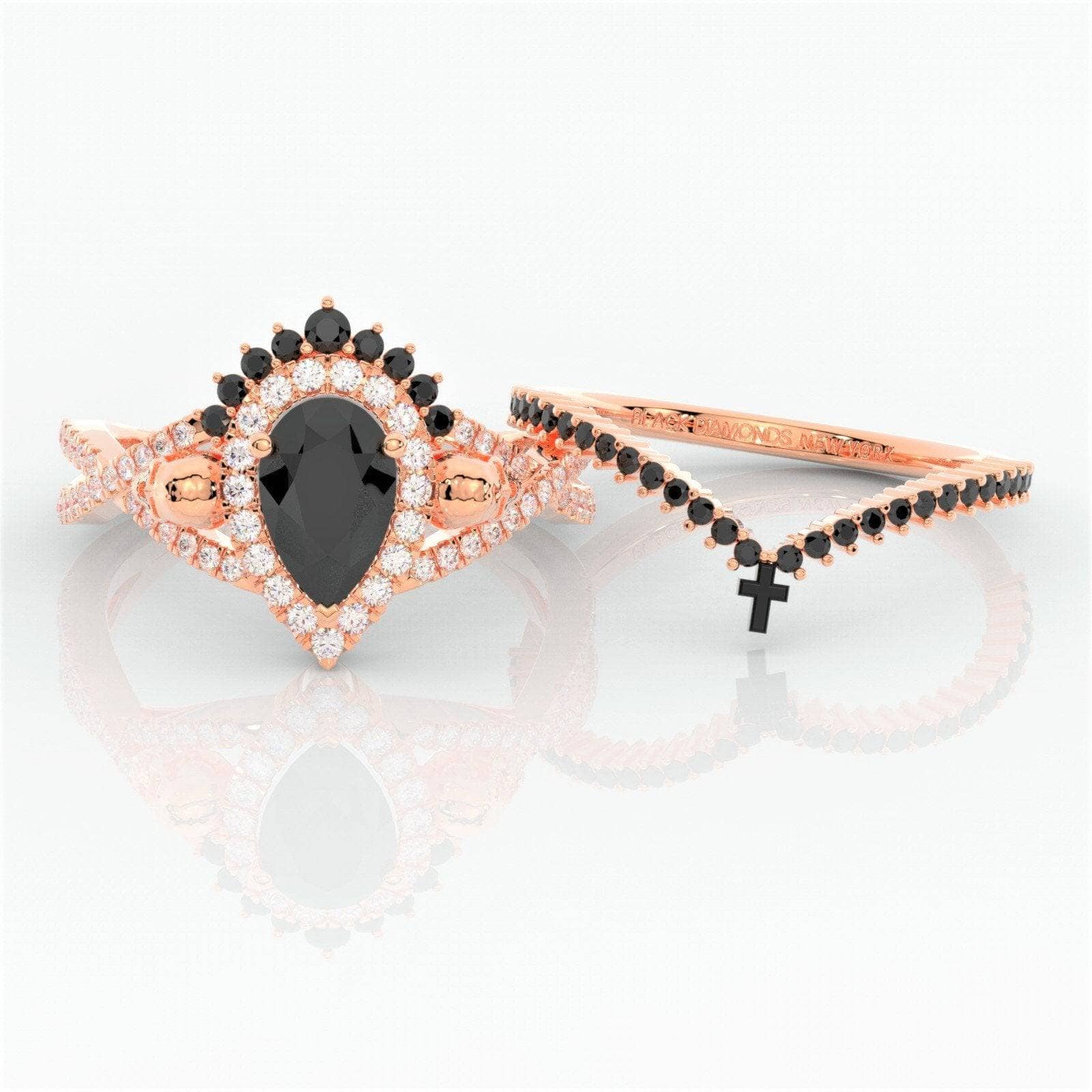 1ct Pear Cut Black Diamond Option Skull Ring Set-Black Diamonds New York