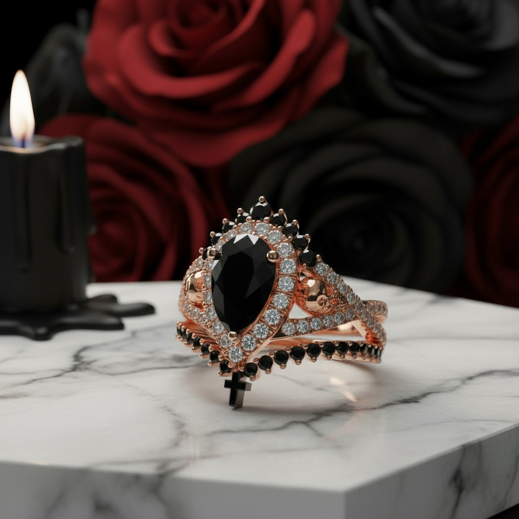 1ct Pear Cut Black Diamond Skull Ring Set-Black Diamonds New York