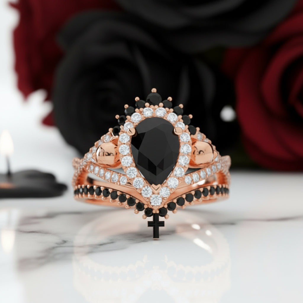 1ct Pear Cut Black Diamond Option Skull Ring Set-Black Diamonds New York
