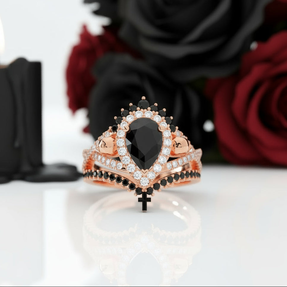 1ct Pear Cut Black Diamond Skull Ring Set-Black Diamonds New York