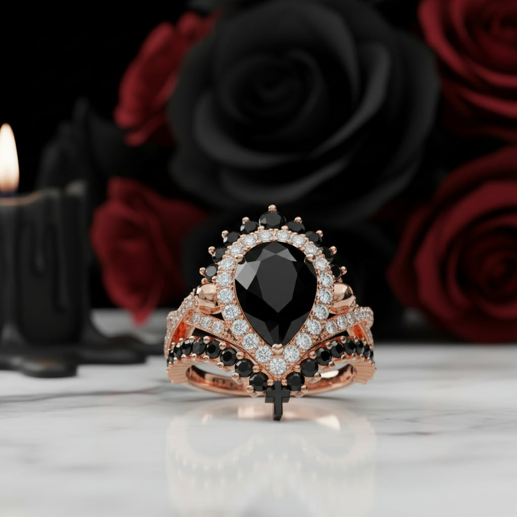 1ct Pear Cut Black Diamond Skull Ring Set-Black Diamonds New York