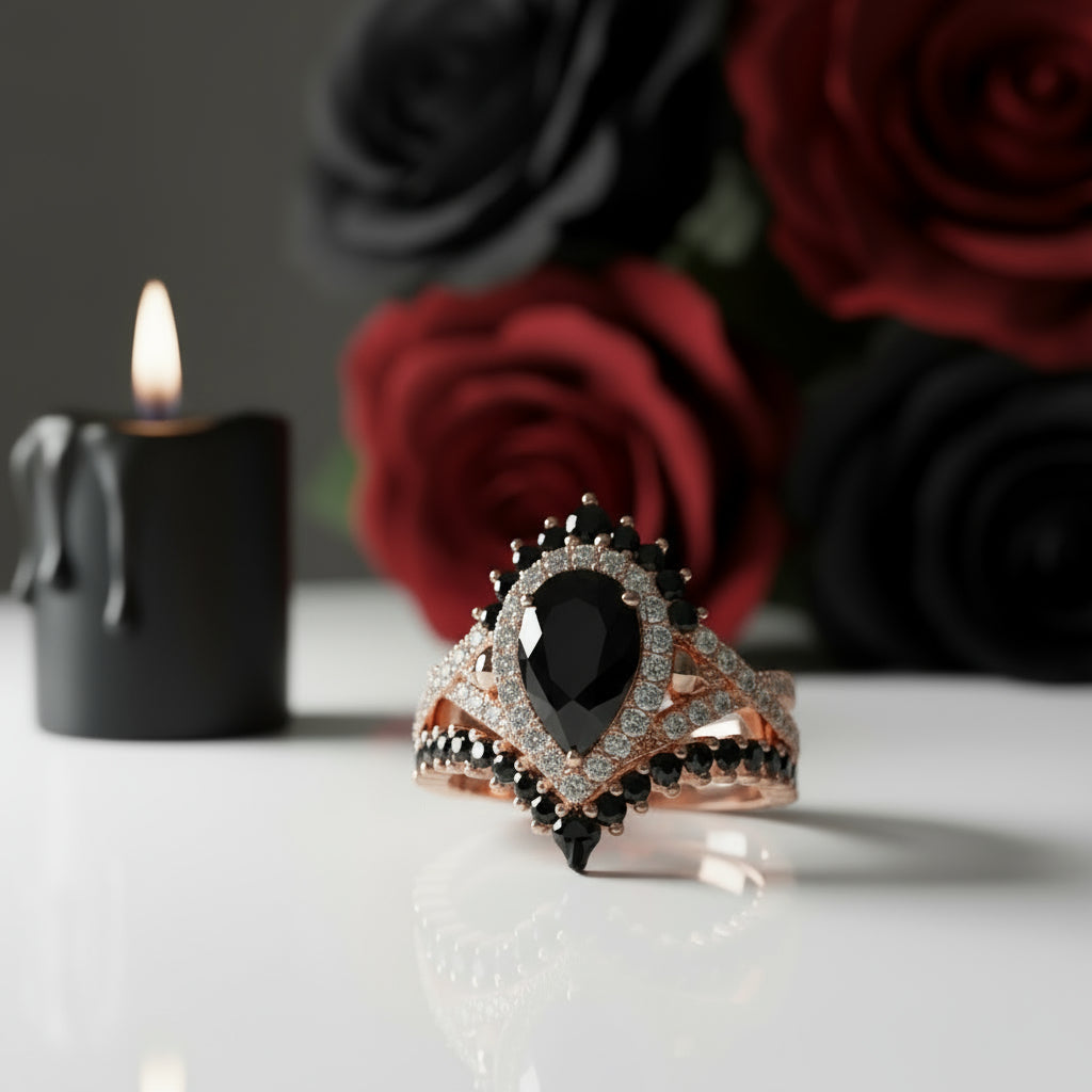 1ct Pear Cut Black Diamond Skull Ring Set-Black Diamonds New York