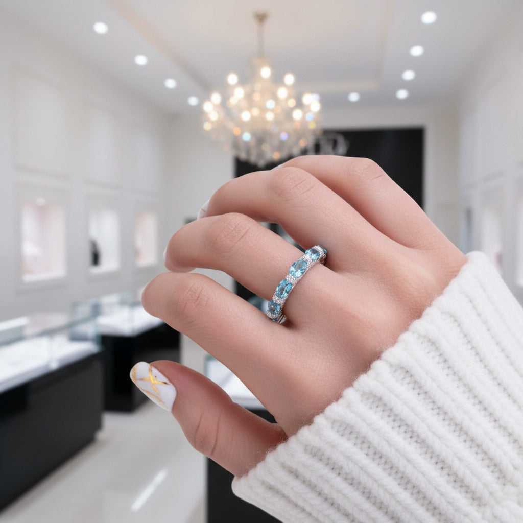 Luxurious Aquamarine Blue Simulated Diamond Wedding Band-Black Diamonds New York