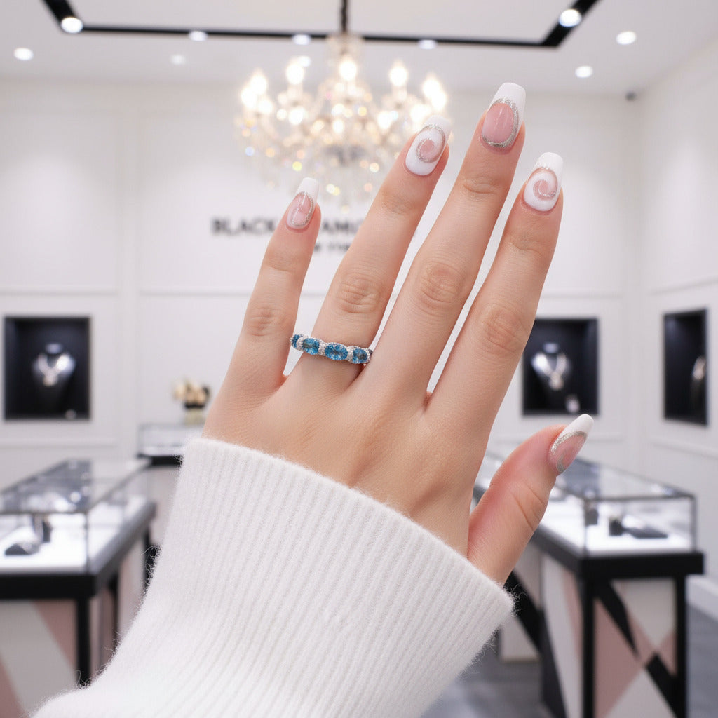 Luxurious Aquamarine Blue Simulated Diamond Wedding Band-Black Diamonds New York