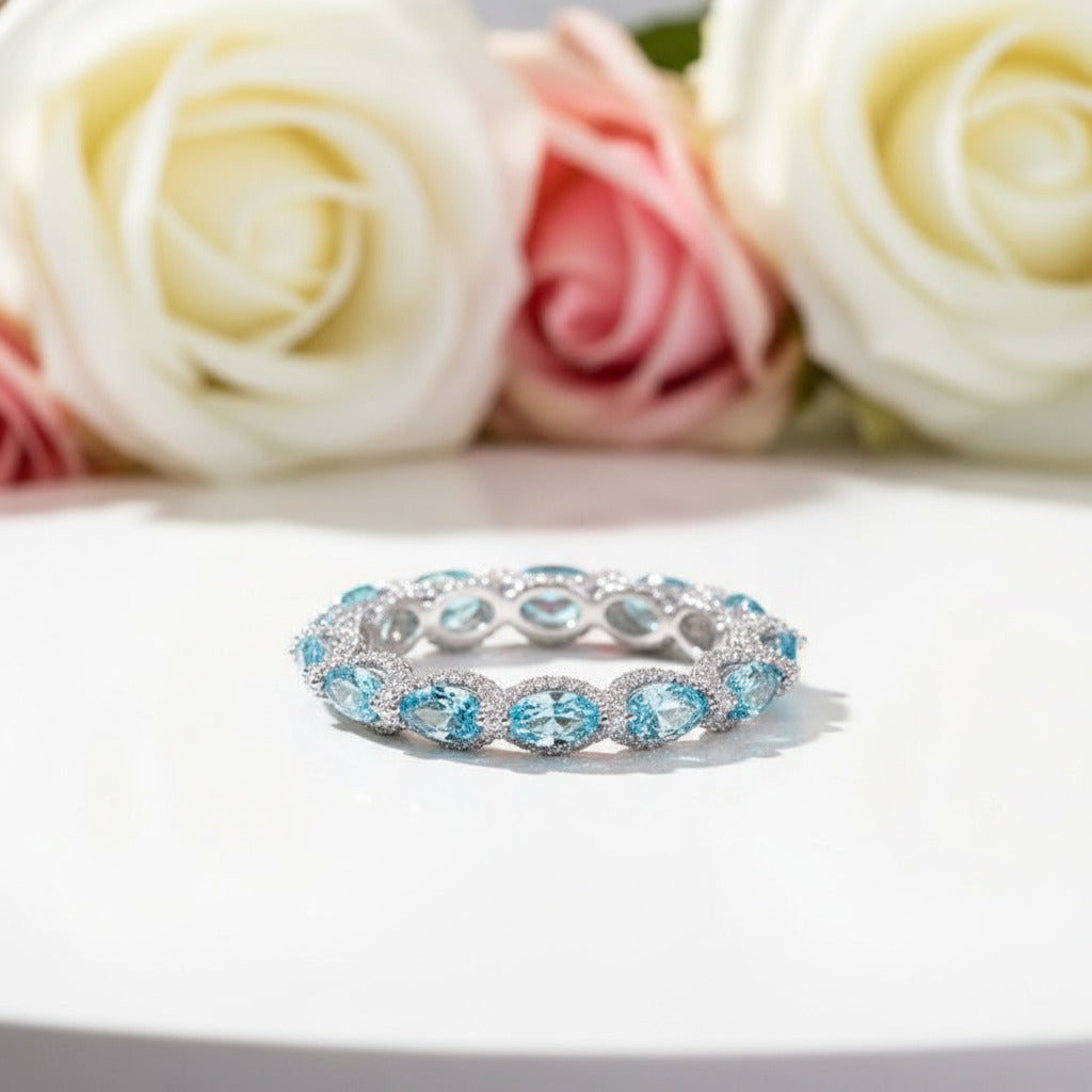 Luxurious Aquamarine Blue Simulated Diamond Wedding Band-Black Diamonds New York