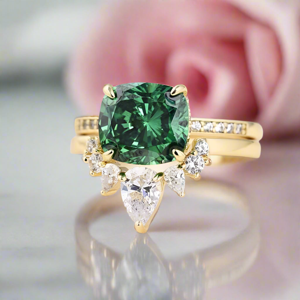 Luxurious Emerald Green Cushion Cut Wedding Ring Set-Black Diamonds New York