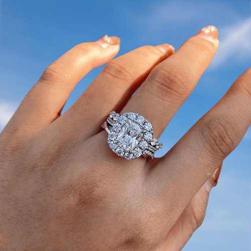 Luxurious Halo Cushion Cut 3PC Wedding Ring Set - Black Diamonds New York
