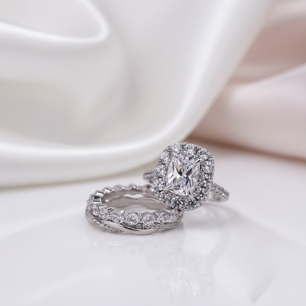 Luxurious Halo Cushion Cut 3PC Wedding Ring Set-Black Diamonds New York