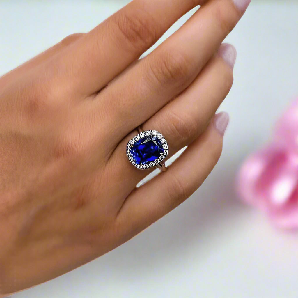 Luxurious Halo Cushion Cut Blue Sapphire Engagement Ring-Black Diamonds New York