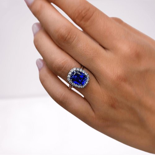 Luxurious Halo Cushion Cut Blue Sapphire Engagement Ring-Black Diamonds New York