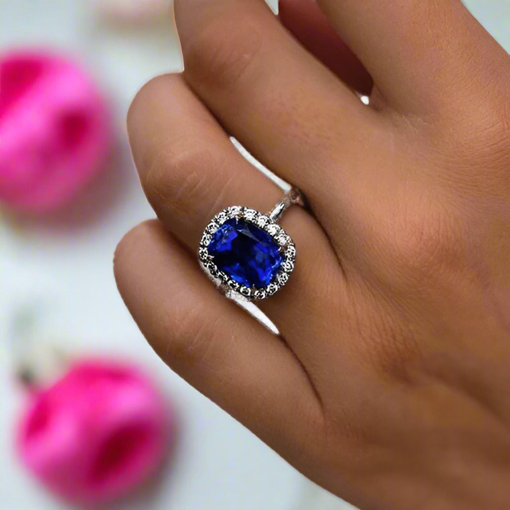 Luxurious Halo Cushion Cut Blue Sapphire Engagement Ring-Black Diamonds New York