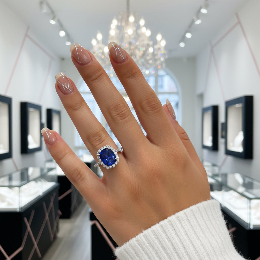 Luxurious Halo Cushion Cut Blue Sapphire Engagement Ring-Black Diamonds New York