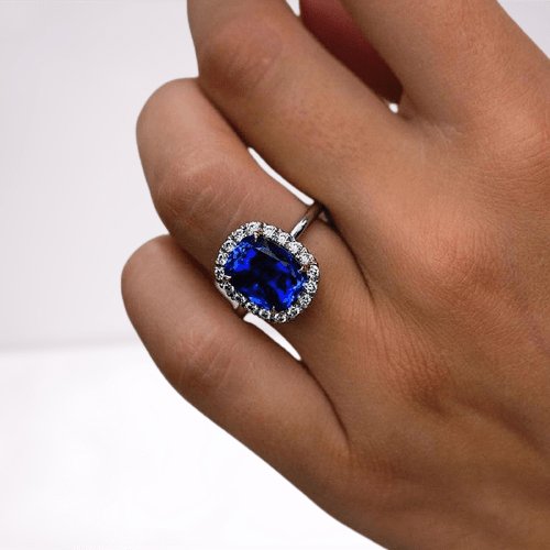 Luxurious Halo Cushion Cut Blue Sapphire Engagement Ring - Black Diamonds New York