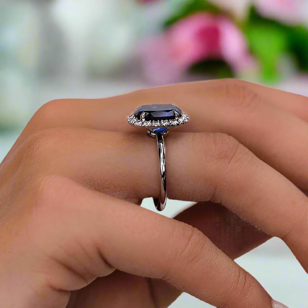 Luxurious Halo Cushion Cut Blue Sapphire Engagement Ring-Black Diamonds New York