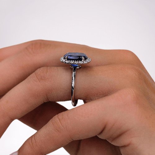 Luxurious Halo Cushion Cut Blue Sapphire Engagement Ring - Black Diamonds New York