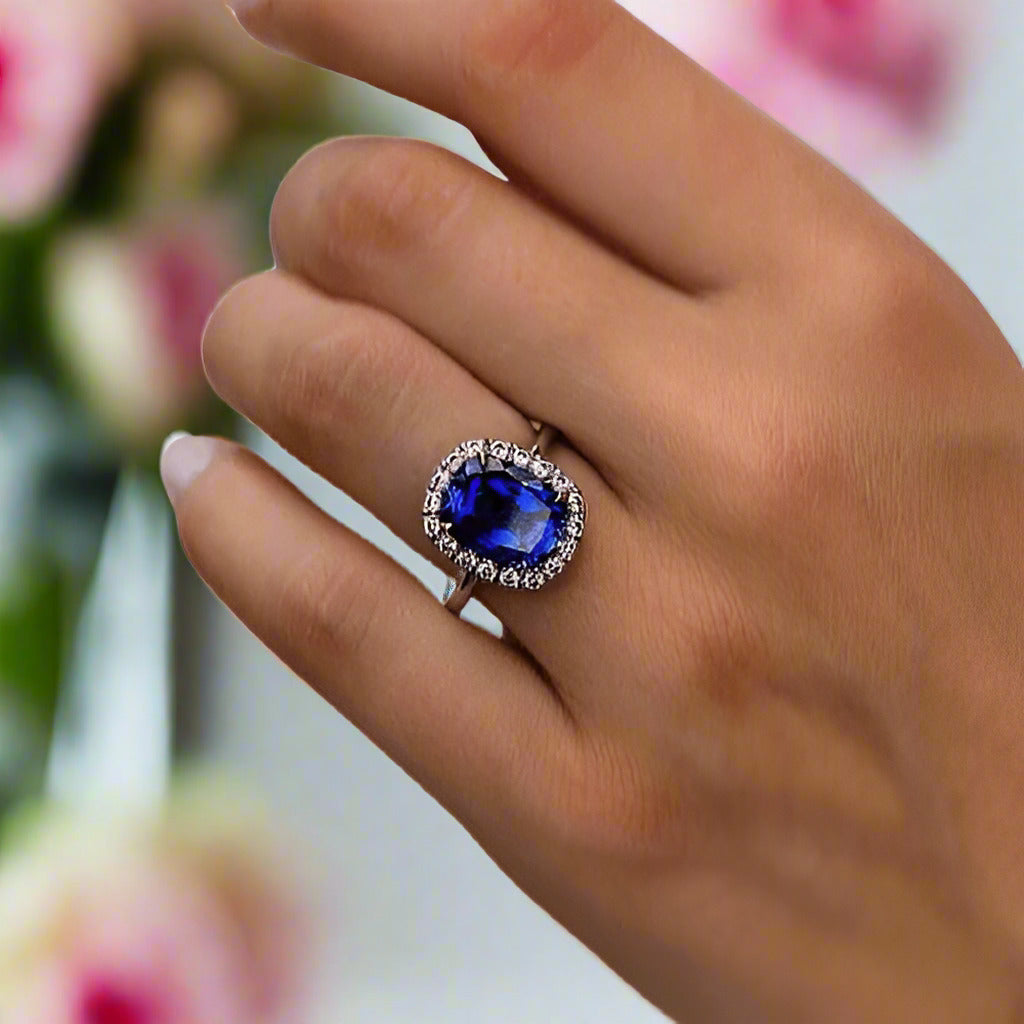 Luxurious Halo Cushion Cut Blue Sapphire Engagement Ring-Black Diamonds New York