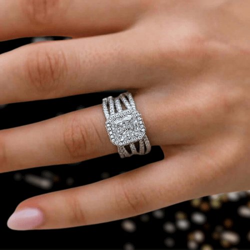 Luxurious Halo Radiant Cut Simulated Diamond Ring Set-Black Diamonds New York