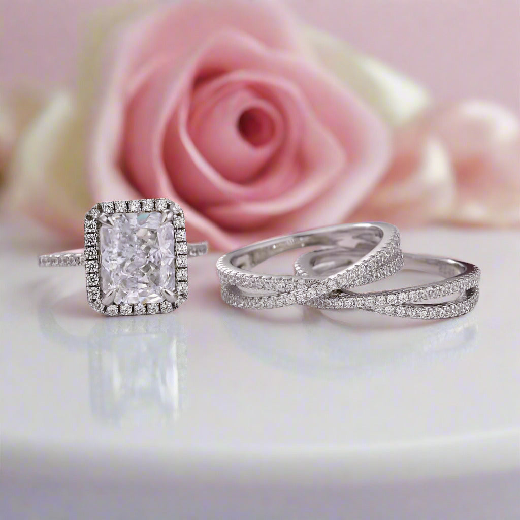 Luxurious Halo Radiant Cut Simulated Diamond Ring Set-Black Diamonds New York