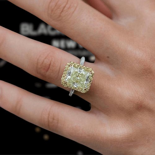 Luxurious Halo Radiant Cut Yellow Sapphire Engagement Ring - Black Diamonds New York