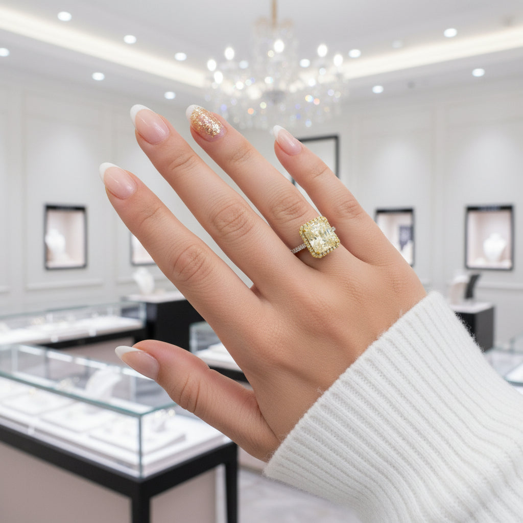 Luxurious Halo Radiant Cut Yellow Sapphire Engagement Ring-Black Diamonds New York