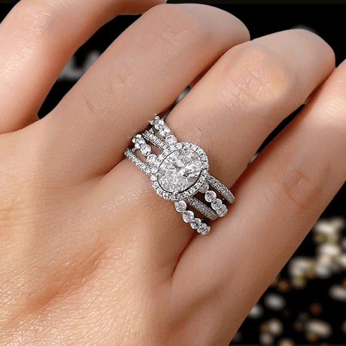 Luxurious Multi-layer Halo Oval Cut Simulated Diamonds Engagement Ring-Black Diamonds New York