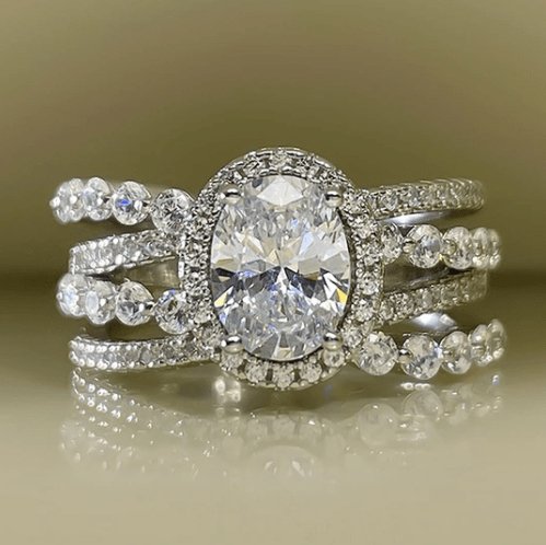 Luxurious Multi-layer Halo Oval Cut Simulated Diamonds Engagement Ring - Black Diamonds New York
