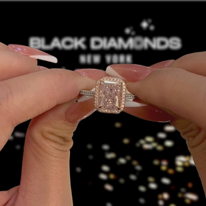 Luxurious Pink Sapphire Halo Radiant Cut Engagement Ring - Black Diamonds New York