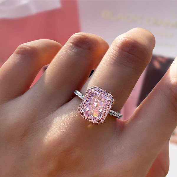 Luxurious Pink Sapphire Halo Radiant Cut Engagement Ring 925+White Gold/Simulated Diamond / 9