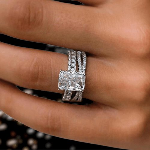 Luxurious Radiant Cut Sona Simulated Diamond Ring Set-Black Diamonds New York