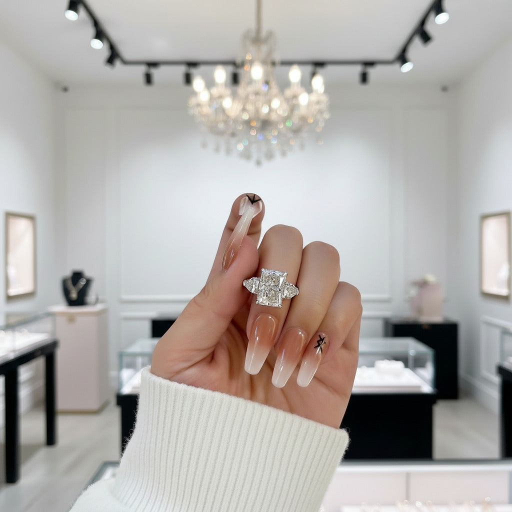 Luxurious Radiant Cut Three Stone Engagement Ring-Black Diamonds New York