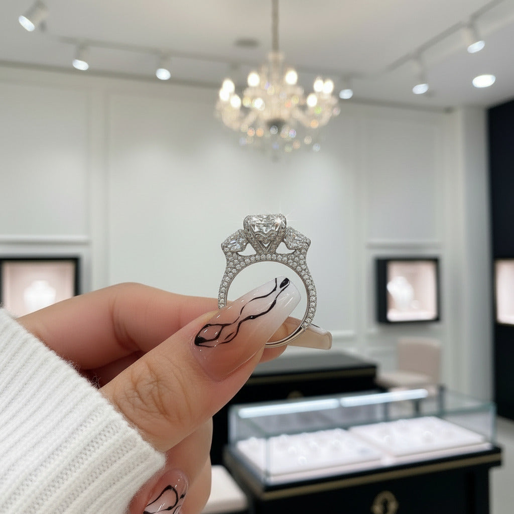 Luxurious Radiant Cut Three Stone Engagement Ring-Black Diamonds New York