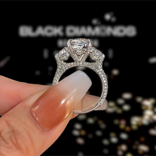 Luxurious Radiant Cut Three Stone Engagement Ring-Black Diamonds New York