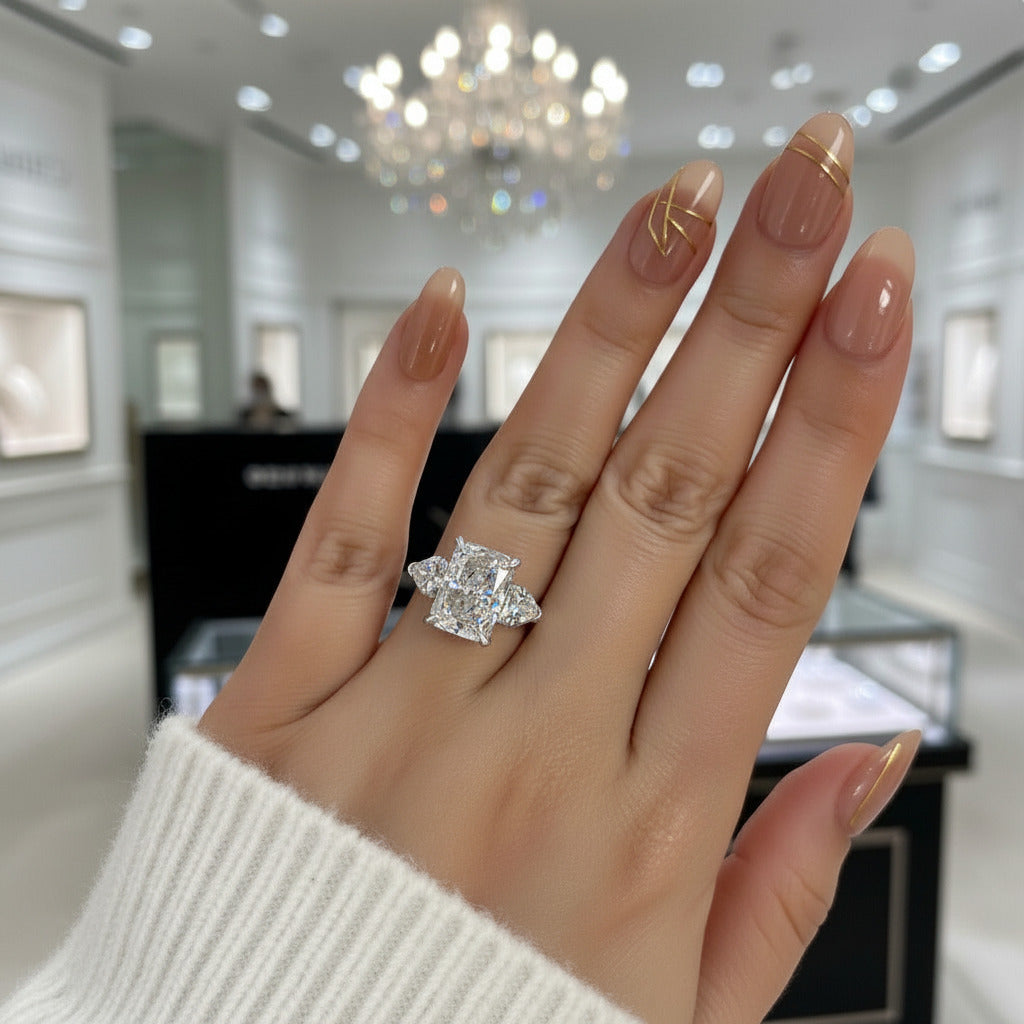 Luxurious Radiant Cut Three Stone Engagement Ring-Black Diamonds New York