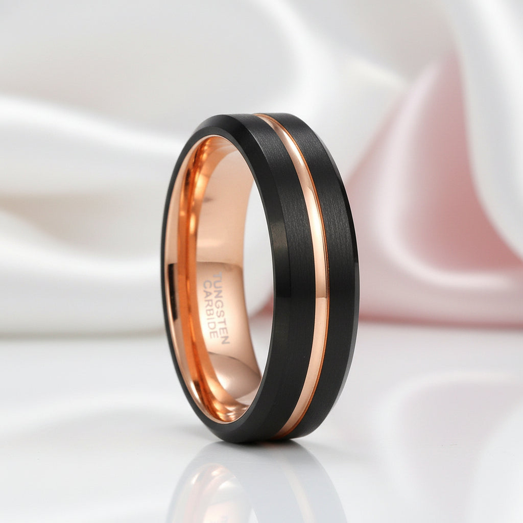Luxurious Rose Gold & Black Tungsten Men's Wedding Band-Black Diamonds New York