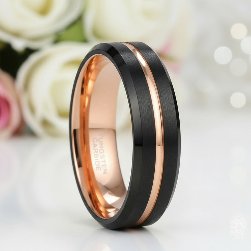 Luxurious Rose Gold & Black Tungsten Men's Wedding Band-Black Diamonds New York