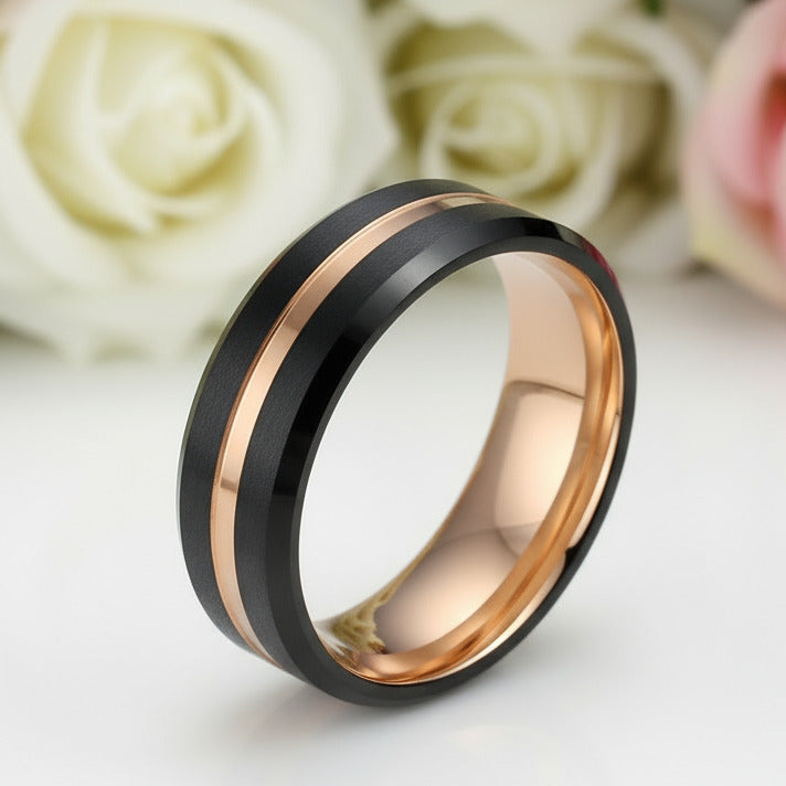 Luxurious Rose Gold & Black Tungsten Men's Wedding Band-Black Diamonds New York