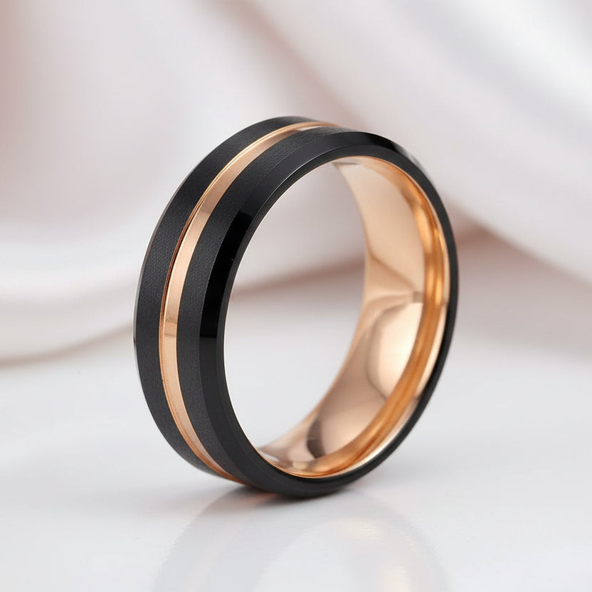 Luxurious Rose Gold & Black Tungsten Men's Wedding Band-Black Diamonds New York