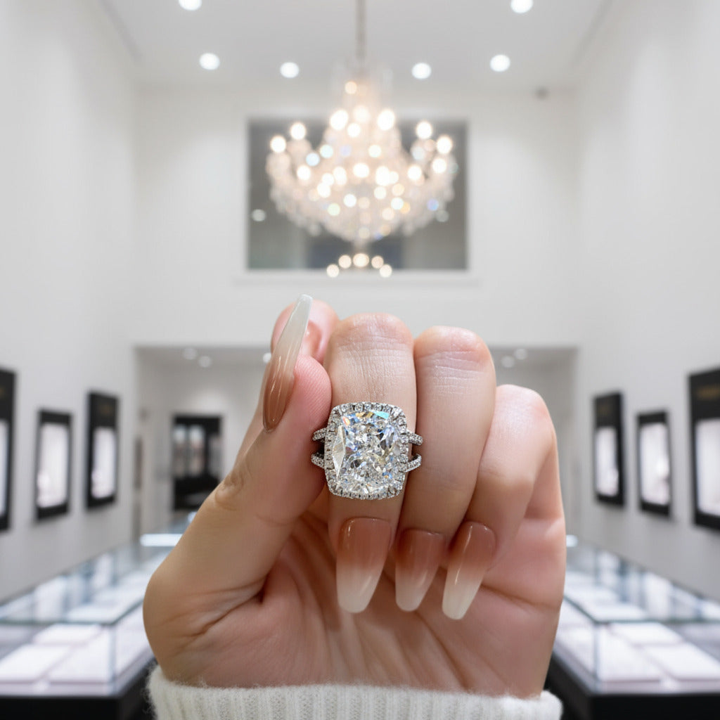 Luxurious Split Shank Halo Cushion Cut Engagement Ring – Black