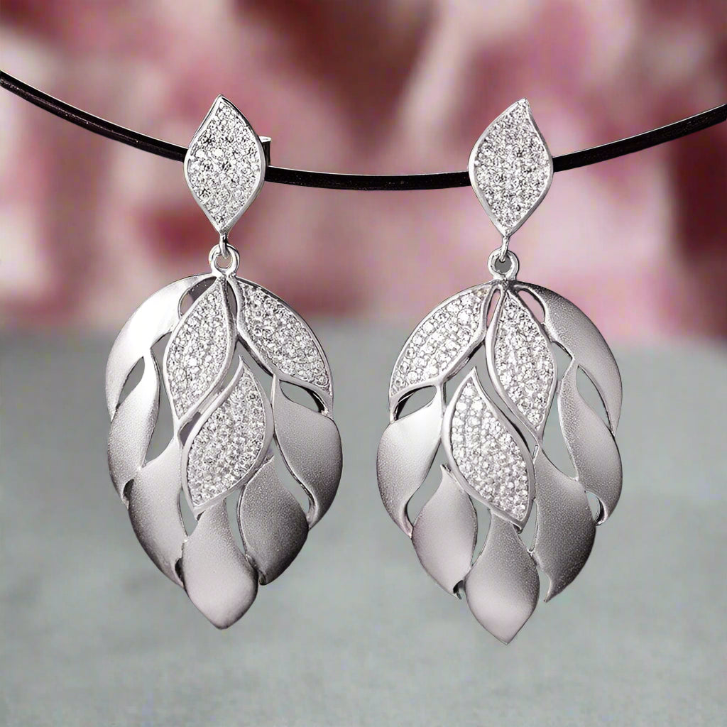 Luxury Aster Flower Petals Dangle Earrings-Black Diamonds New York