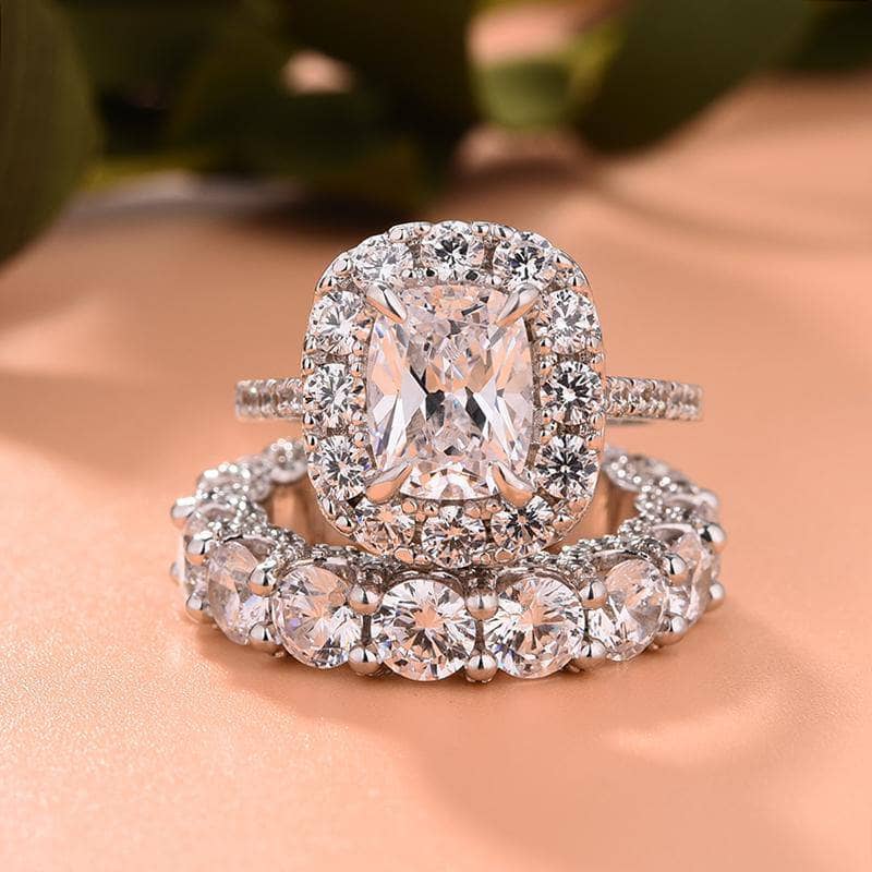 Luxury Eternity Halo Cushion Cut Wedding Ring Set - Black Diamonds New York